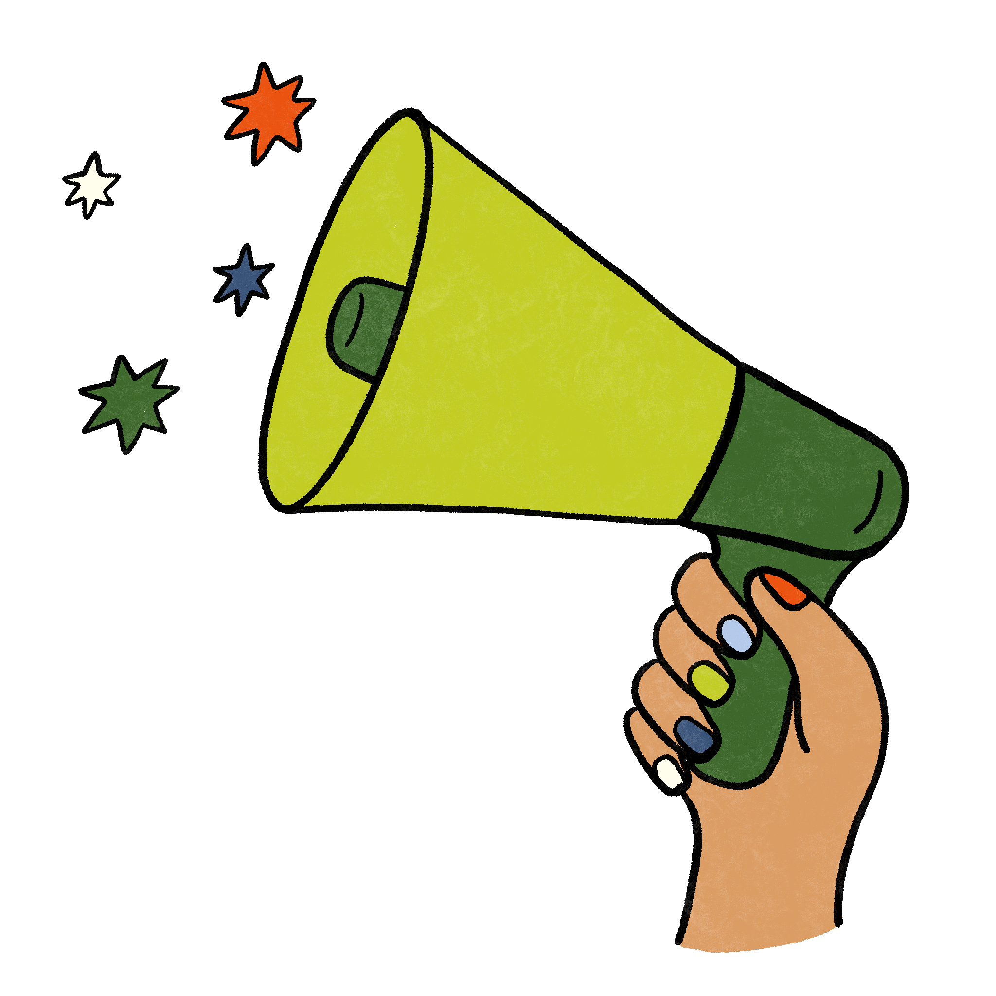 Illustration of a colourful megaphone with stars coming out of it