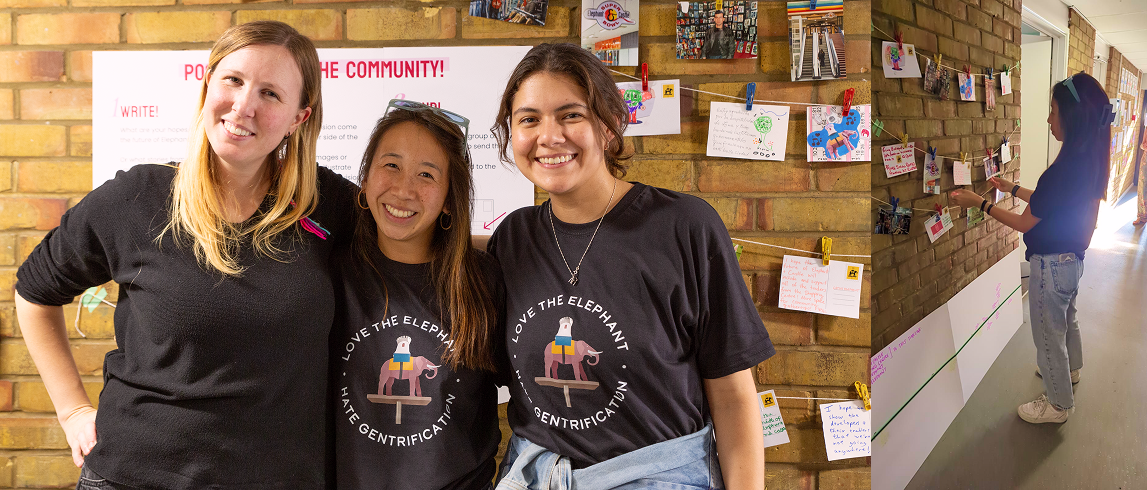 Liana's team – with Latin Elephant t-shirts – in front of the postcards wall.