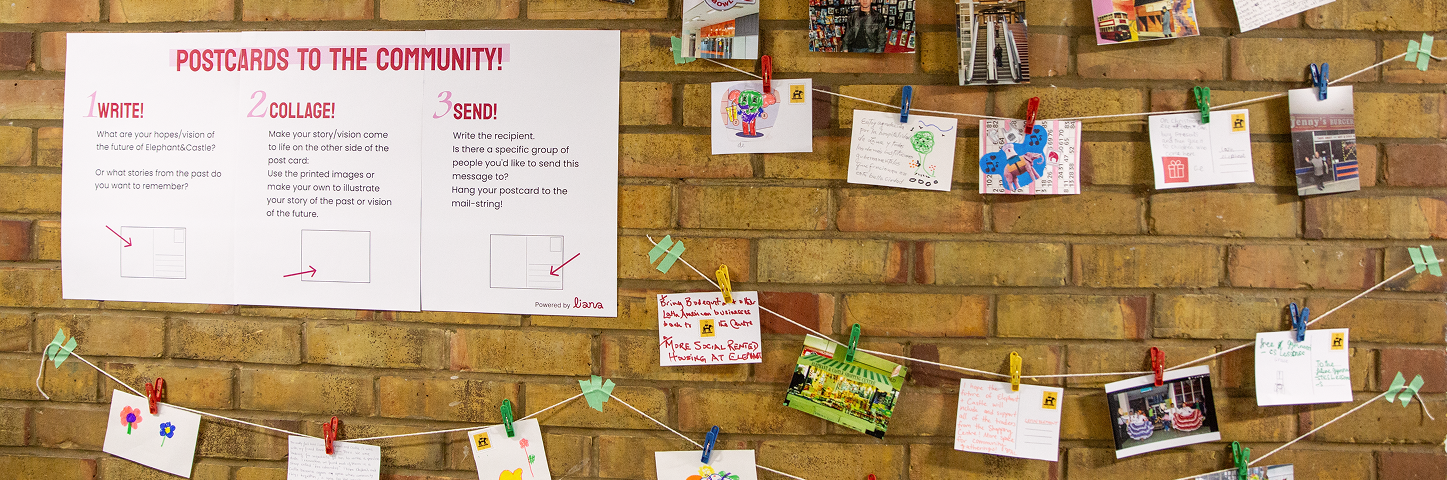 A wall with colourful postcards hanging along with photos. On the left a poster titled Postcards to the Community with instructions for creating postcards.
    