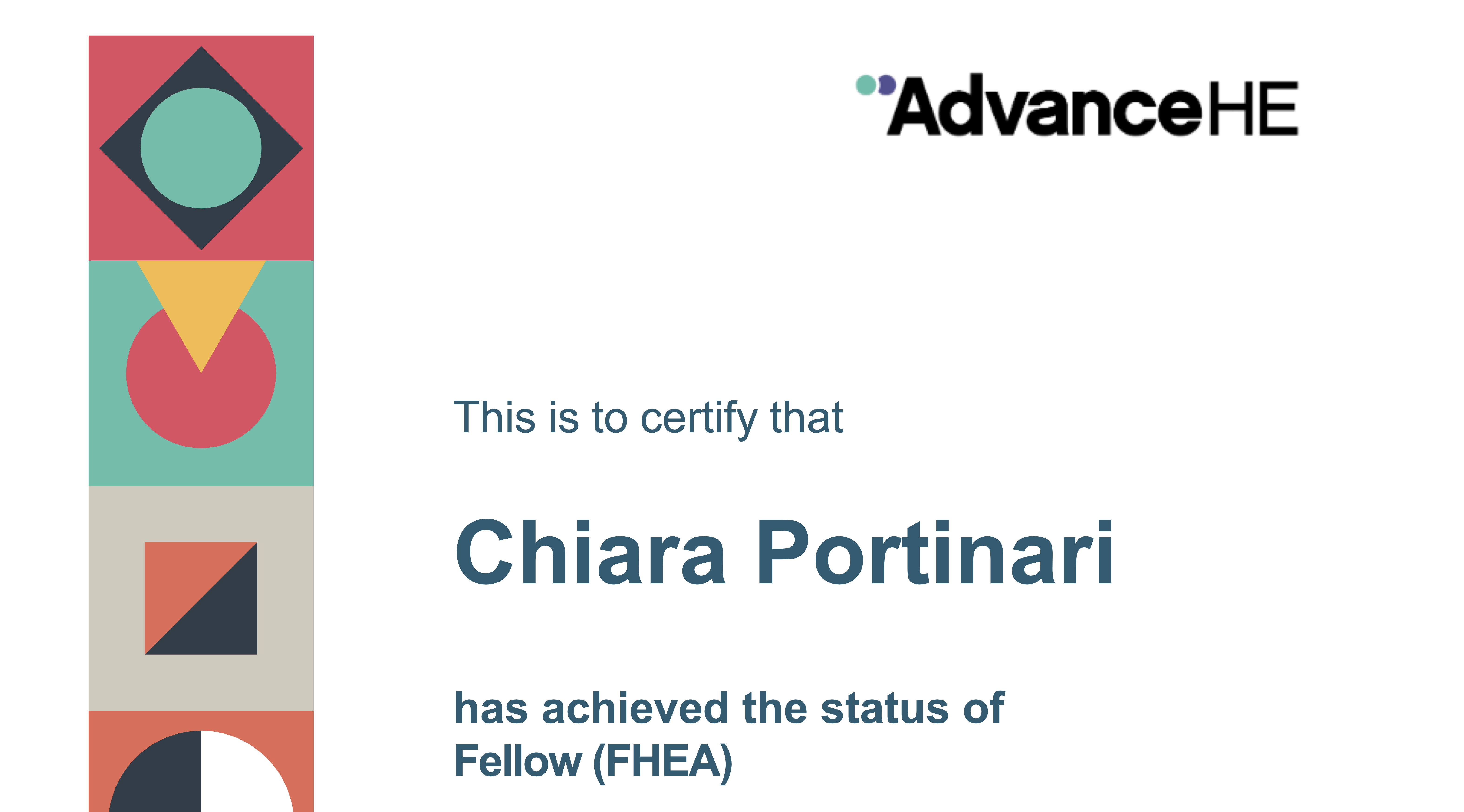 A cropped version of the document stating the fellowship recognition of Chiara Portinari.