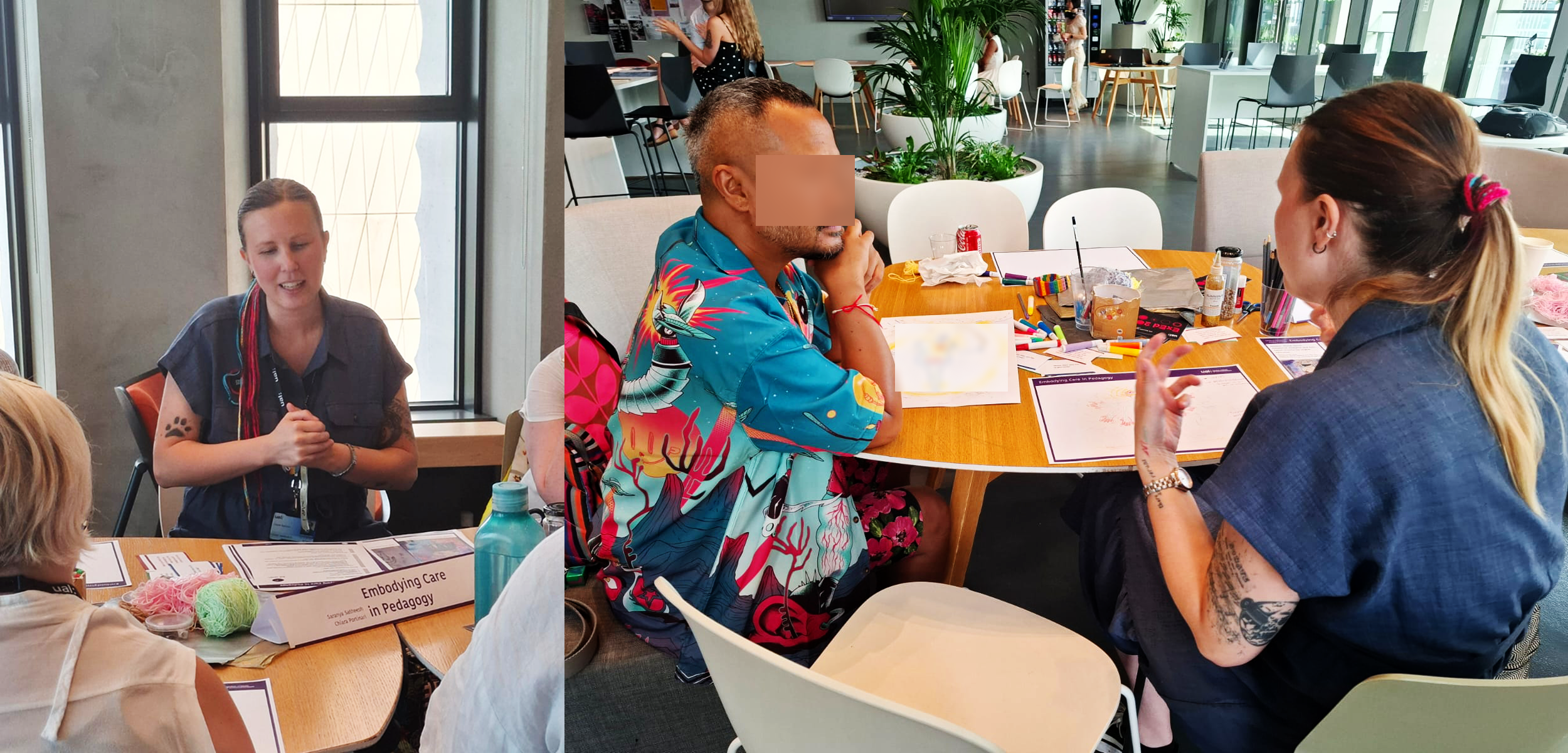 Chiara engaging with one participant of the Embodying Care in Pedagogy workshop