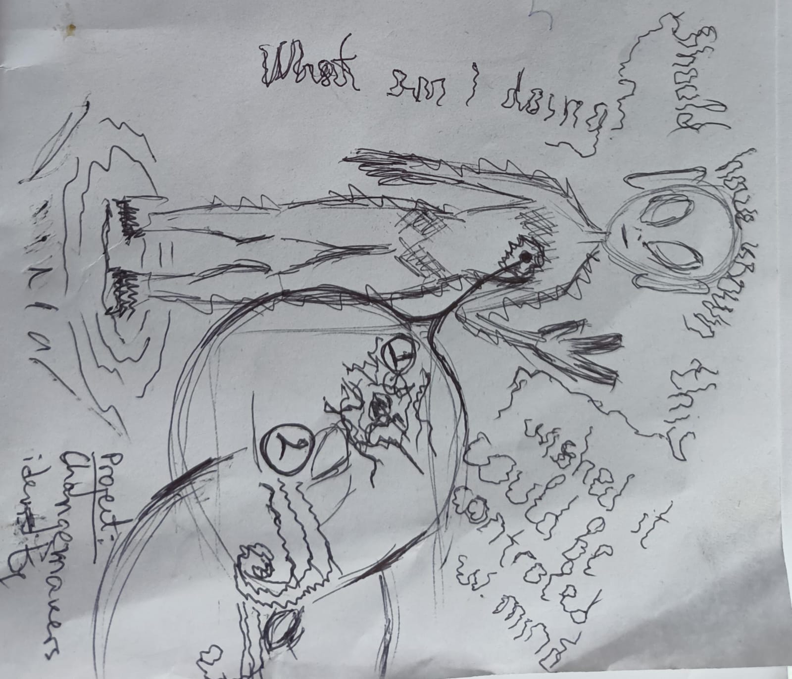 Drawing of an alien with wiggly texts all around and a big bubble coming out of their heart.