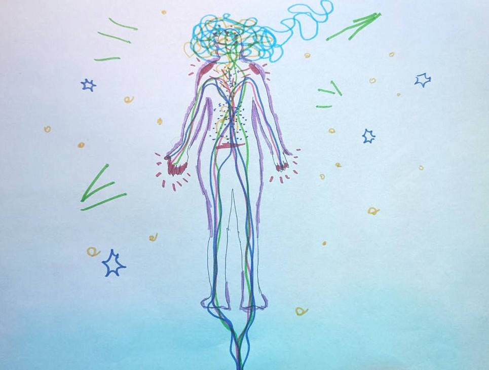 Colourful drawing of a person with colourful streams entering their feet and flowing inside the body. An entangled scribble hugs their head. All around colourful symbols.