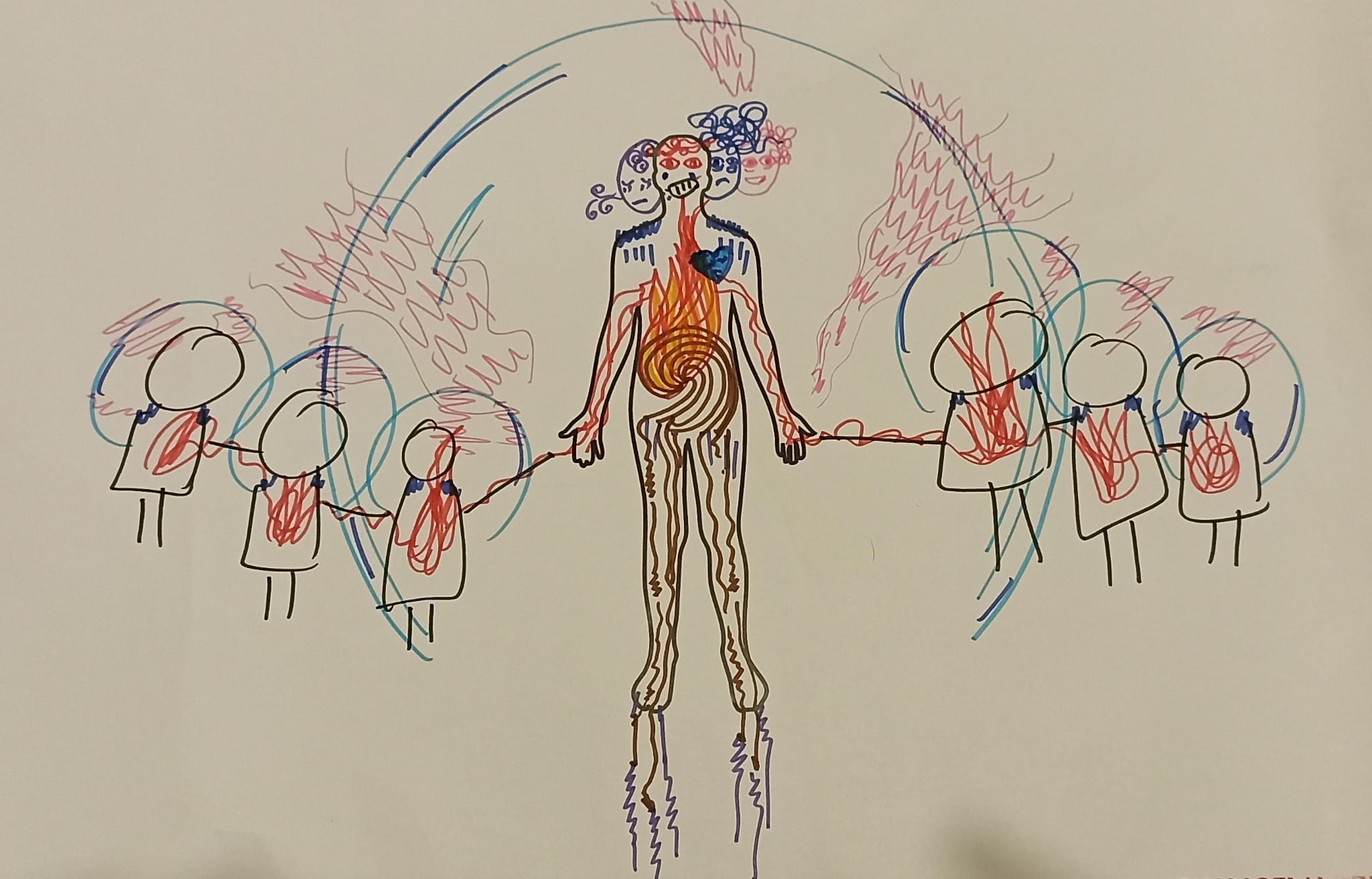 Colourful drawing of a person connected via hands with other people on their sides. A big round bubble goes around the central person and flames are in everyone's bodies. Some roots come out of the protagonist's feet.