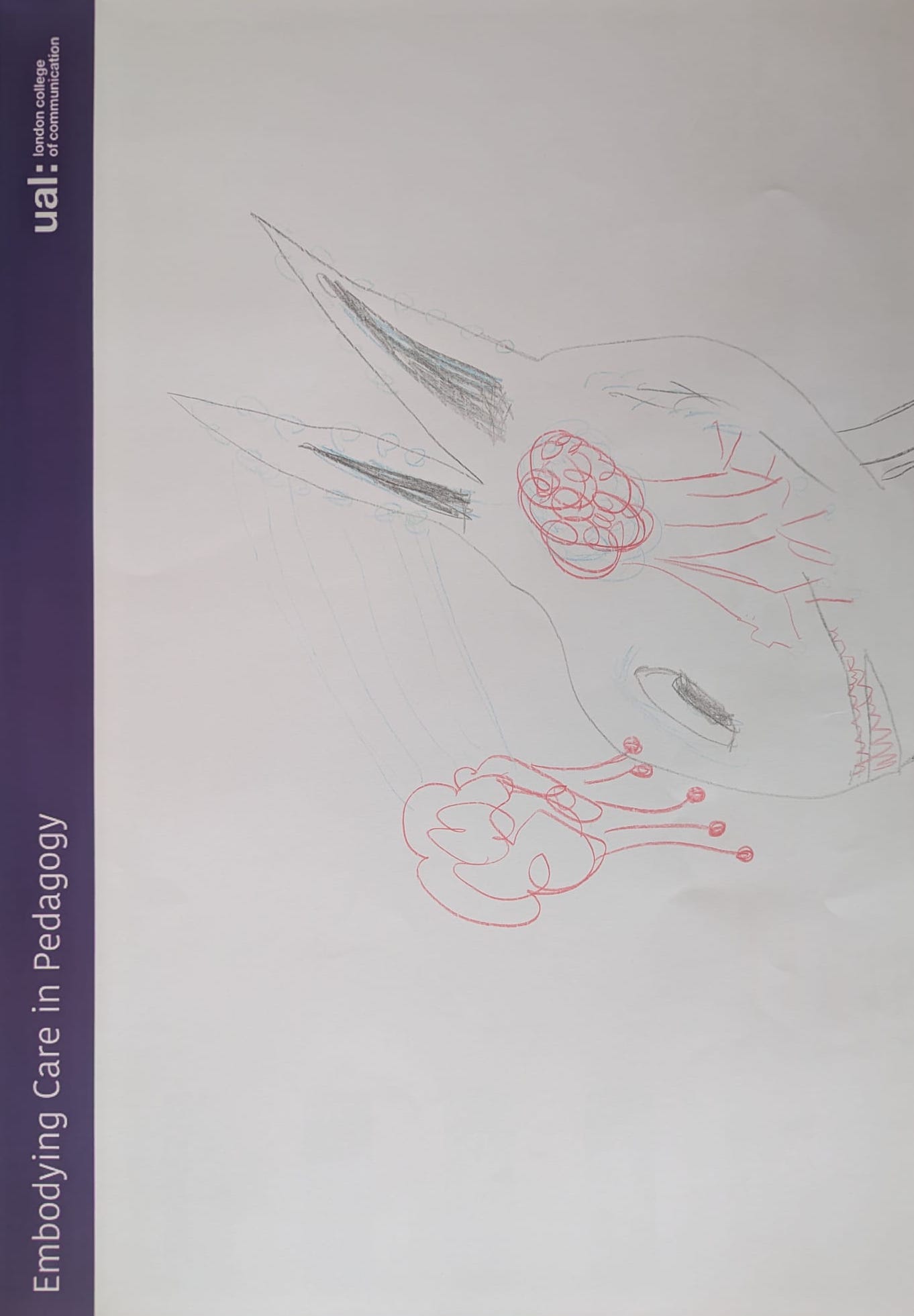 Drawing of a head of an animal, with a visible brain with connections to the rest of the body. Another brain is outside of the head of the animal and it has connections to its nose.