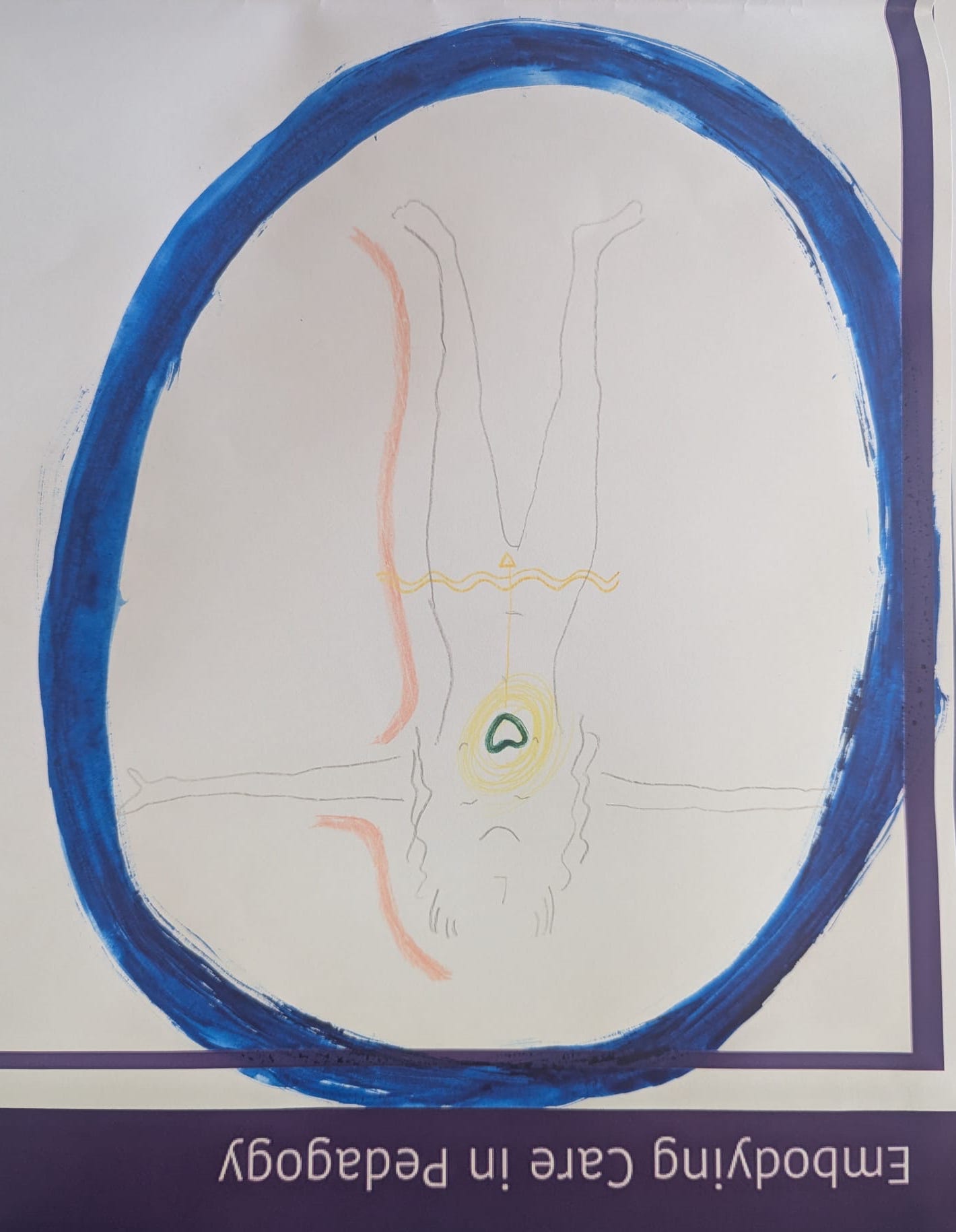 Minimal drawing of a person with a blue heart in their chest with a yellow halo around it. The person is in the middle of a big blue circle. Few pink lines resemble an aura just outside the body.