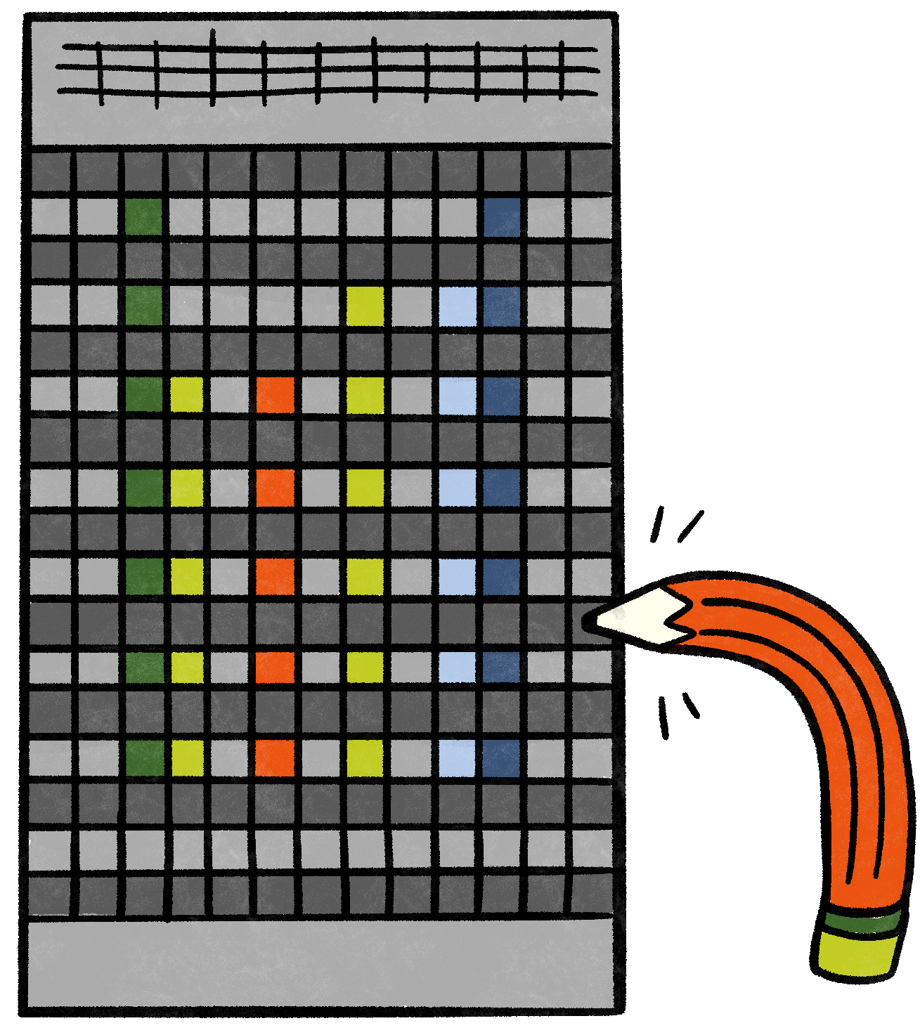 Illustration of the Tower Block of the London College of Communication with a pencil indicating the 7th floor